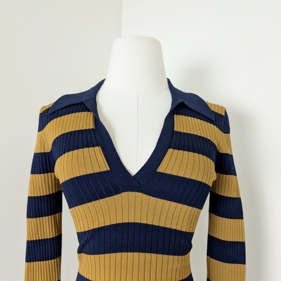 Striped Ribbed Mini Dress Long Sleeve 70’s Style Twik Soft Bodycon Tight Fitted - Picture 8 of 14